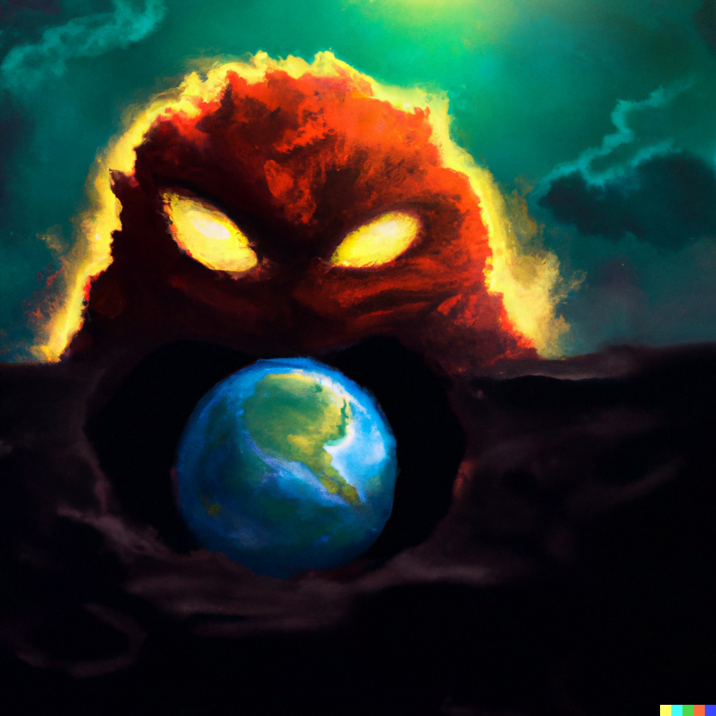 DALL·E 2022-07-14 00.35.27 – a digital illustration of a galactic sized monster emerging from the shadows of a planet to devour earth in a solar system with science fiction eleme