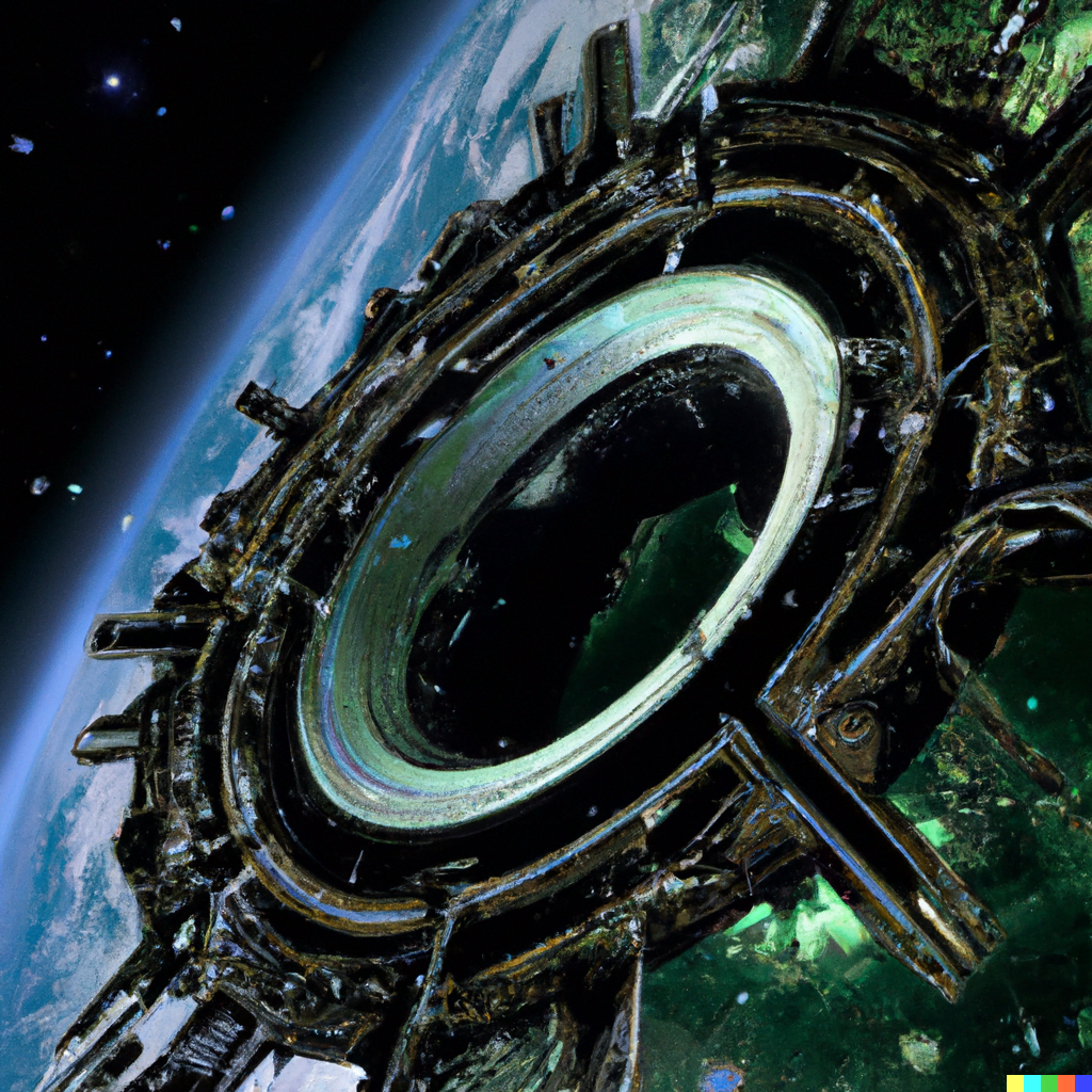 DALL·E 2022-07-14 00.41.47 – a science fiction megastructure ring in the milky way galaxy with an earth life surface in the center by Vincent Di Fate and John Berkey