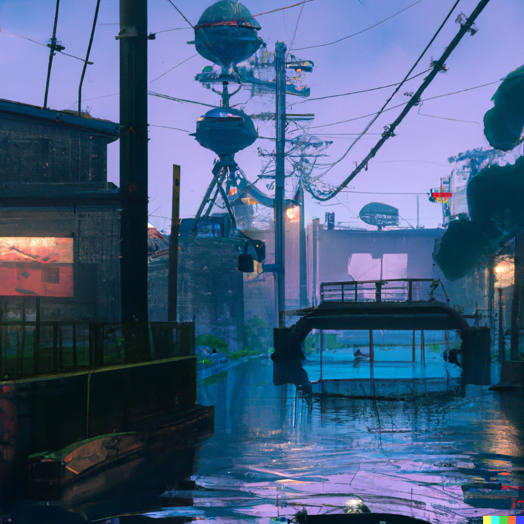 DALL·E 2022-07-14 20.37.17 – a small forgotten japanese cyberpunk village in the style of studio ghibli and bladerunner