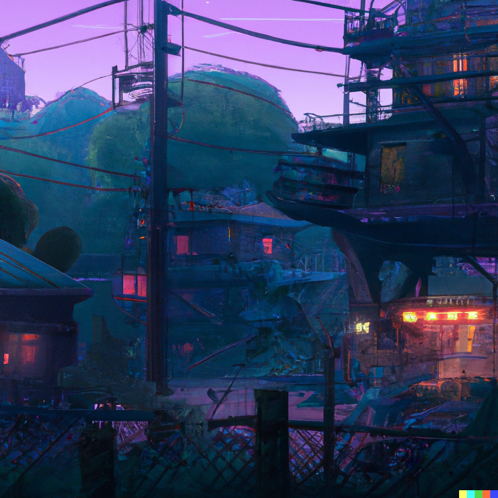 DALL·E 2022-07-14 20.38.01 – a small forgotten japanese cyberpunk village in the style of studio ghibli and bladerunner