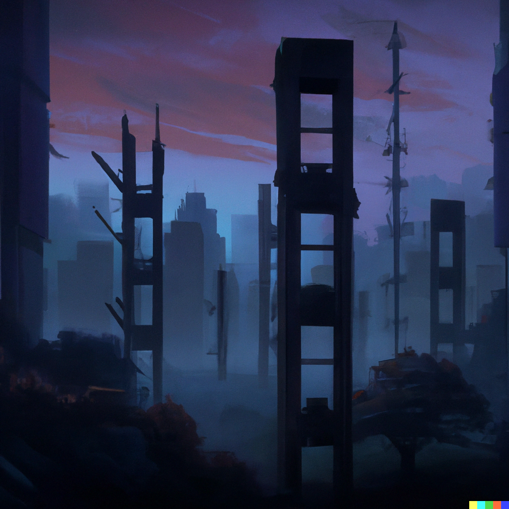 DALL·E 2022-07-14 20.39.22 – a sleepy old village nestled in rolling hills set in cyberpunk