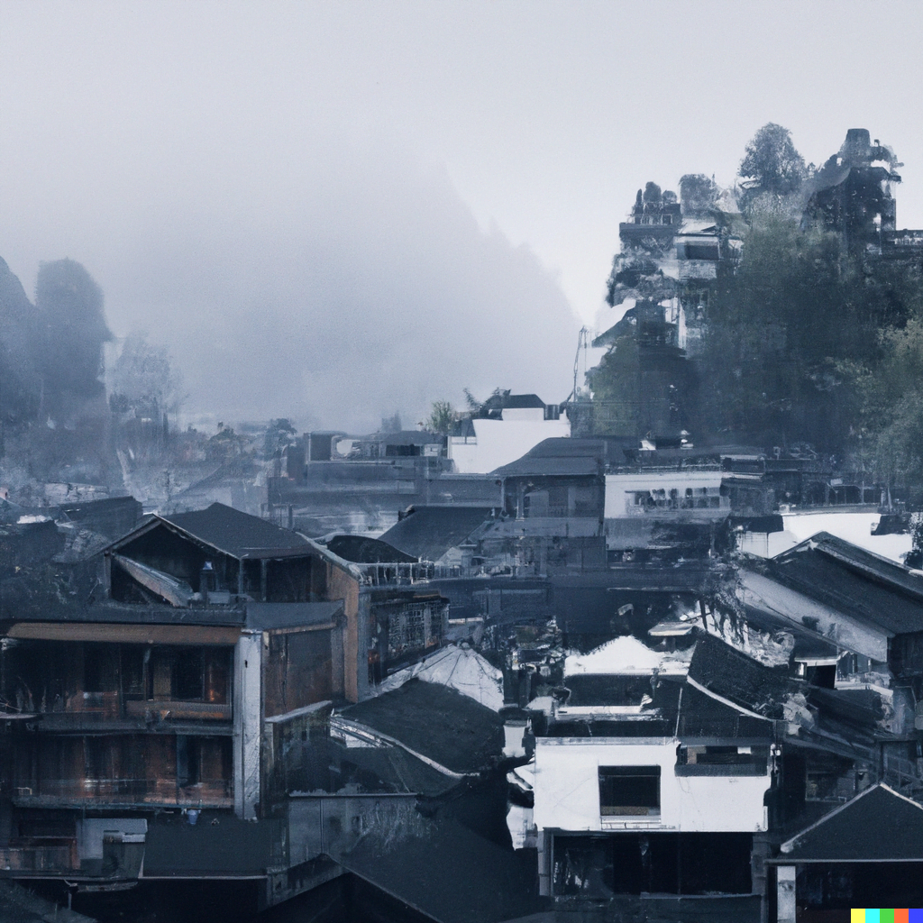 DALL·E 2022-07-14 20.39.28 – a sleepy old village nestled in rolling hills set in cyberpunk