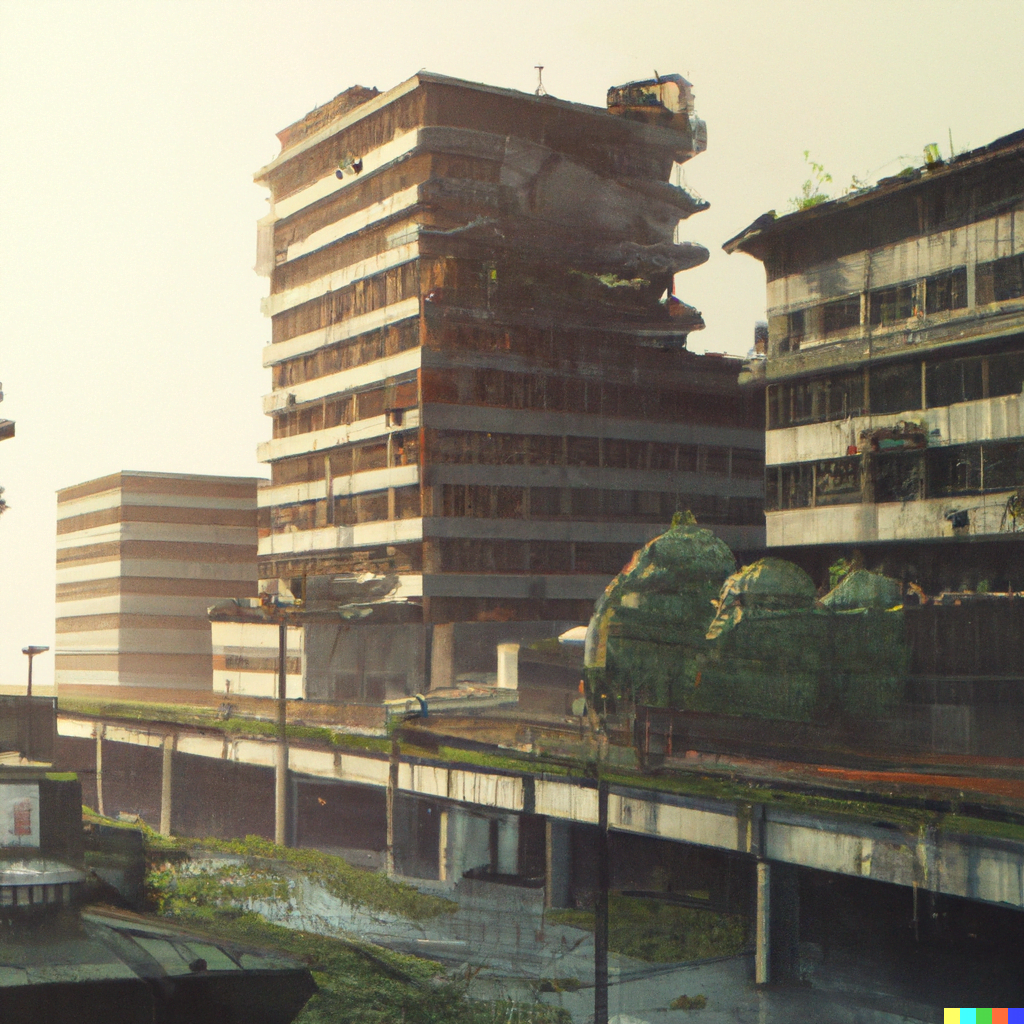 DALL·E 2022-07-14 20.42.07 – an destroyed city with decrepit skyscrapers and overgrown streets by simon stalenhag
