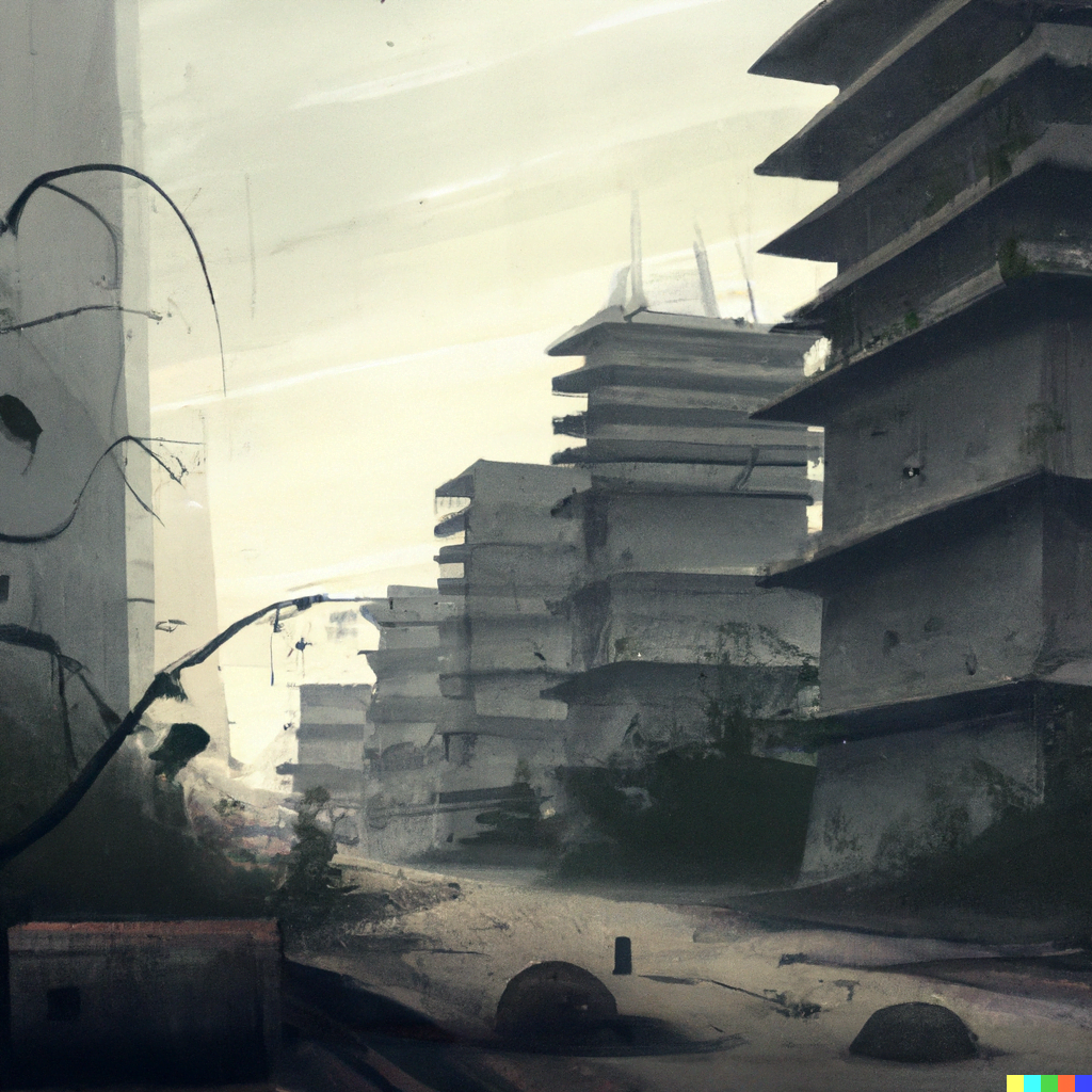 DALL·E 2022-07-14 20.42.16 – an destroyed city with decrepit skyscrapers and overgrown streets by simon stalenhag