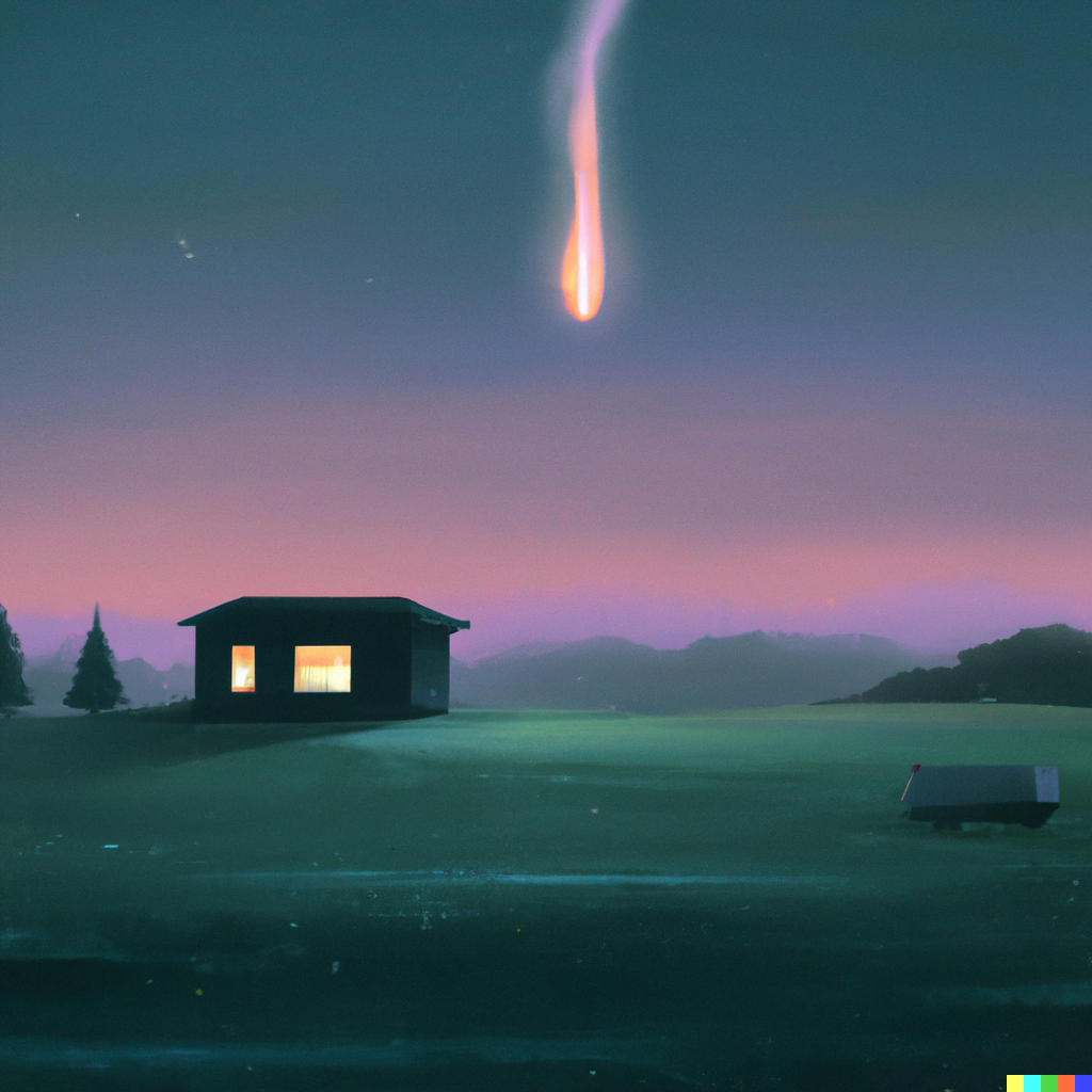DALL·E 2022-07-14 20.50.35 – a serene landscape view of a meadow and a single cabin with smoking rising from itwith a crescent moon in the background and a pulsating neon light em