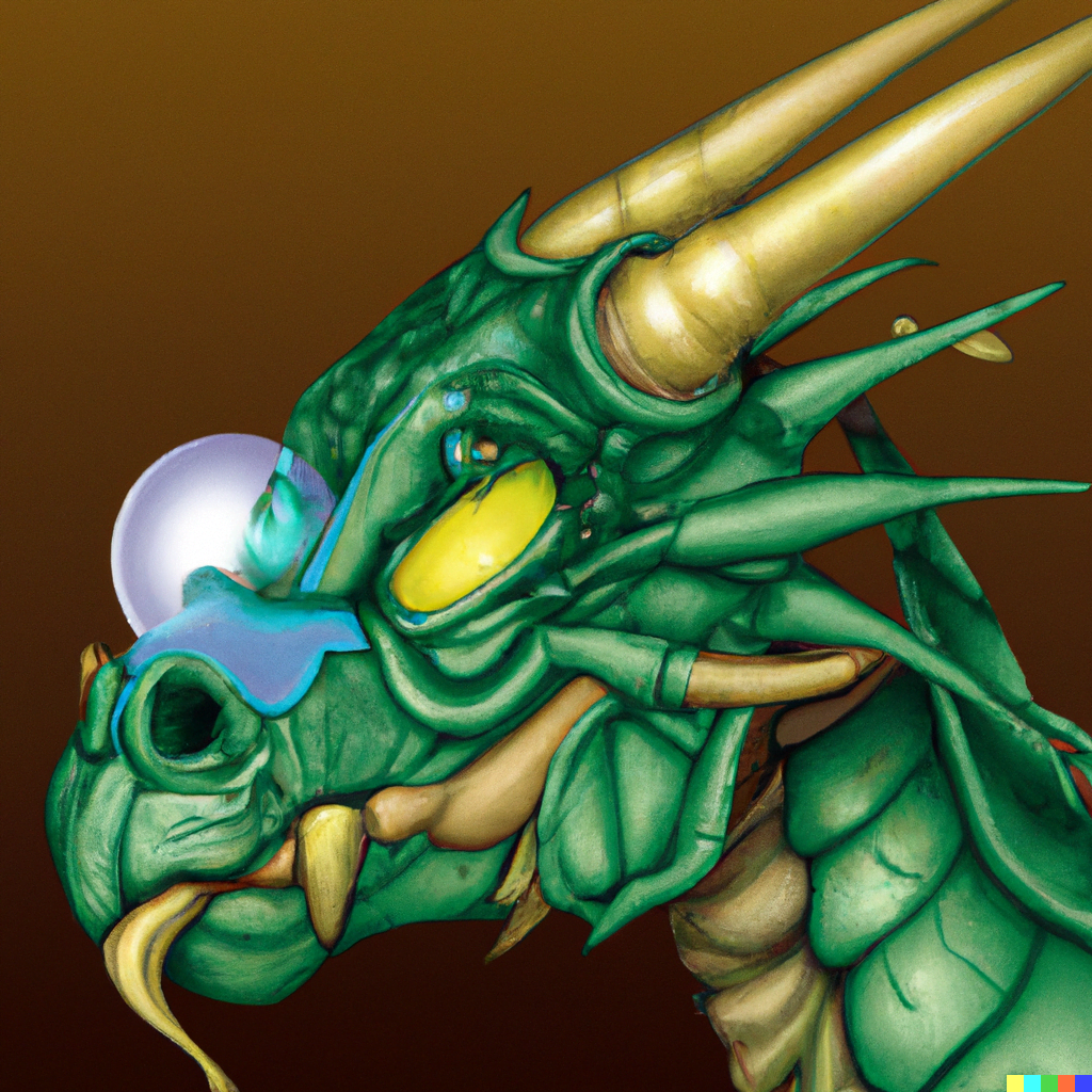 DALL·E 2022-07-14 20.59.39 – an ancient dragon with an eldritch parasite brain attached to its head in the style of disney cell shading