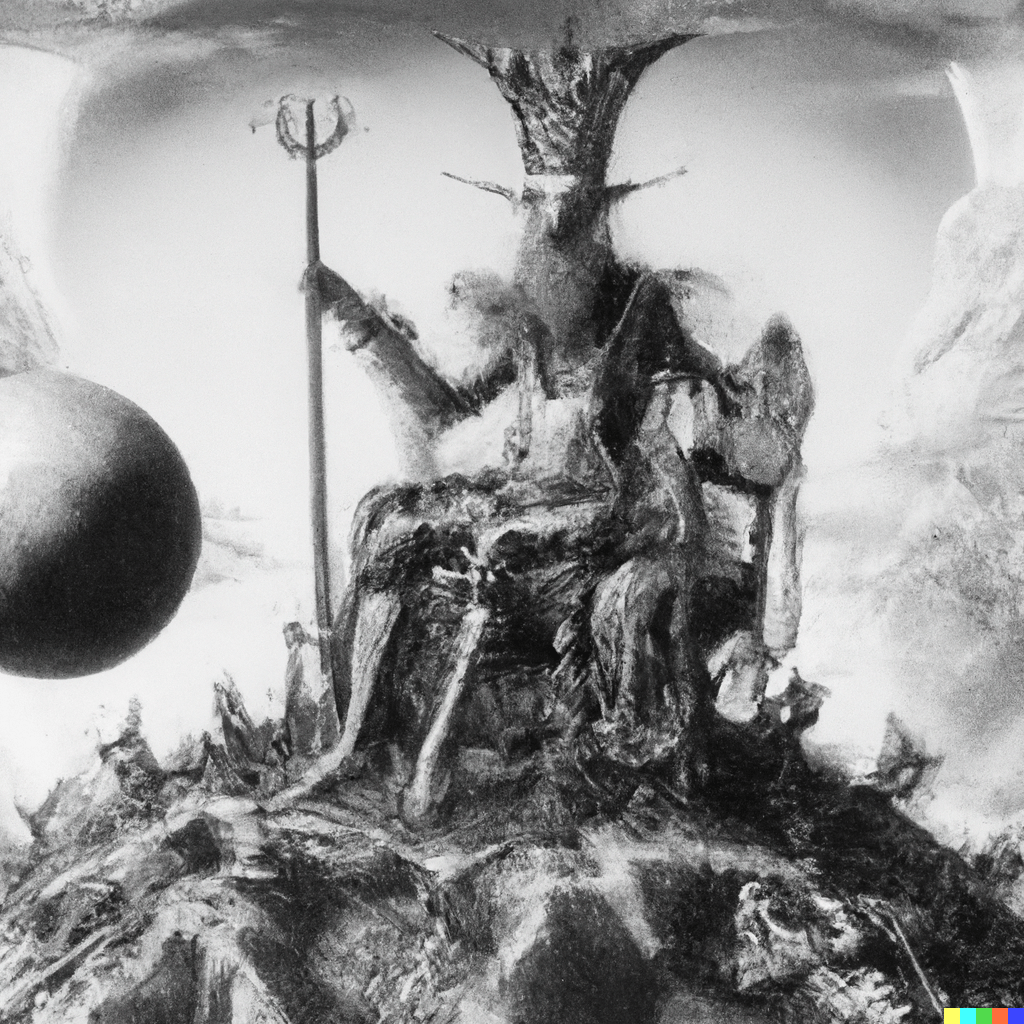 DALL·E 2022-07-14 21.21.53 – The Emperor sits on a ram-adorned throne, a symbol of Mars. He holds an ankh scepter in his right hand, and a globe, symbol of domination, in his lef