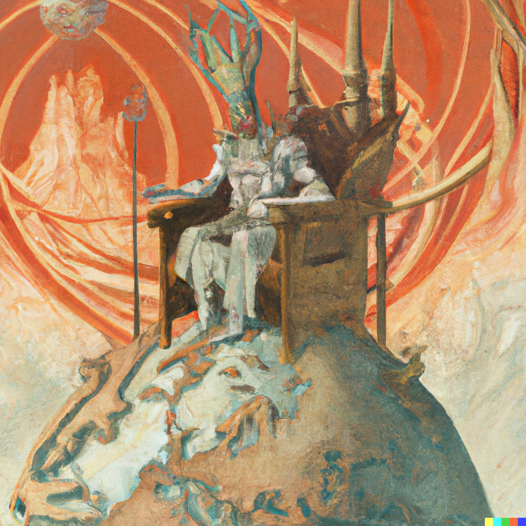 DALL·E 2022-07-14 21.30.57 – The Emperor sits on a ram-adorned throne, a symbol of Mars. He holds an ankh scepter in his right hand, and a globe, symbol of domination, in his lef