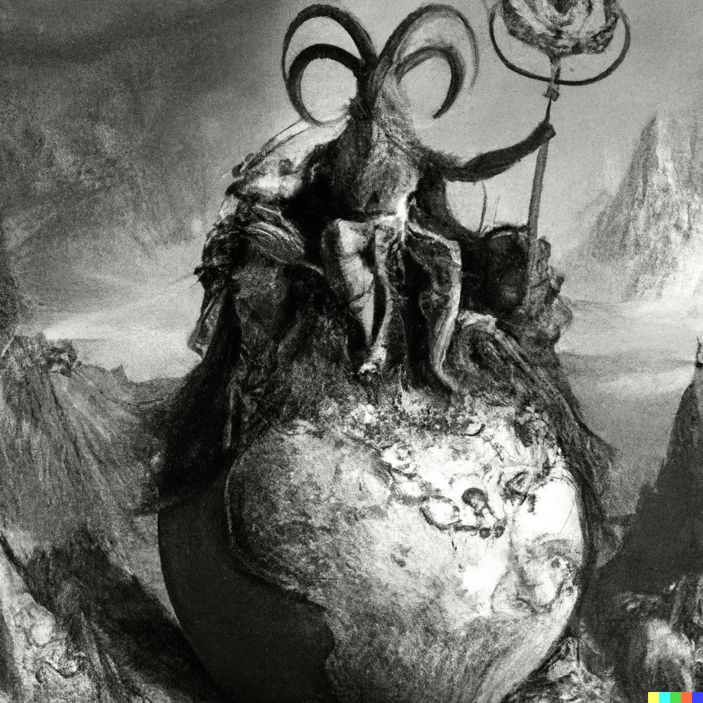 DALL·E 2022-07-14 21.31.02 – The Emperor sits on a ram-adorned throne, a symbol of Mars. He holds an ankh scepter in his right hand, and a globe, symbol of domination, in his lef