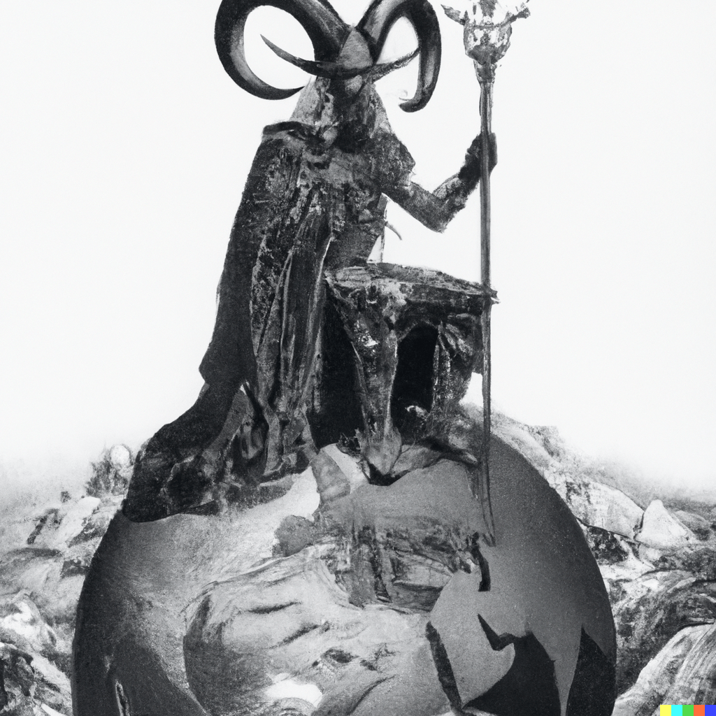 DALL·E 2022-07-14 21.31.11 – The Emperor sits on a ram-adorned throne, a symbol of Mars. He holds an ankh scepter in his right hand, and a globe, symbol of domination, in his lef