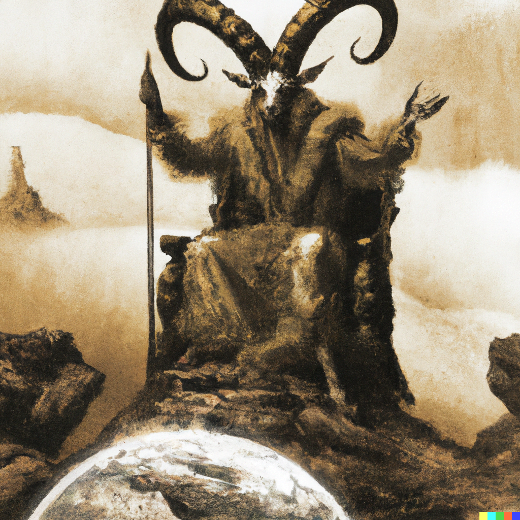 DALL·E 2022-07-14 21.31.14 – The Emperor sits on a ram-adorned throne, a symbol of Mars. He holds an ankh scepter in his right hand, and a globe, symbol of domination, in his lef