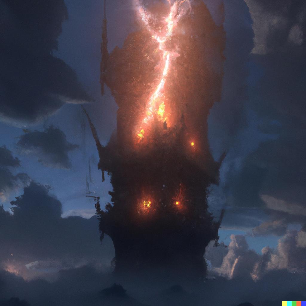 DALL·E 2022-07-14 21.36.40 – The image of the Tower card is powerful, depicting a solid tower being struck by lightning, and fire crawling out from the small windows at its top by