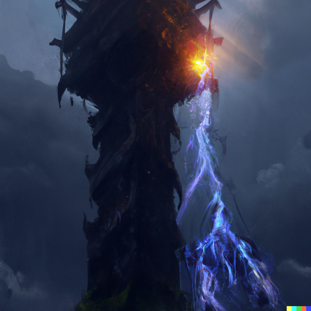 DALL·E 2022-07-14 21.36.47 – The image of the Tower card is powerful, depicting a solid tower being struck by lightning, and fire crawling out from the small windows at its top by