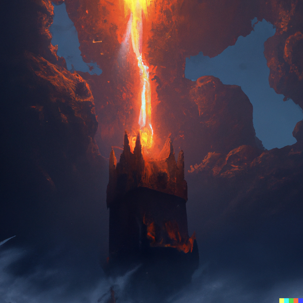 DALL·E 2022-07-14 21.36.51 – The image of the Tower card is powerful, depicting a solid tower being struck by lightning, and fire crawling out from the small windows at its top by