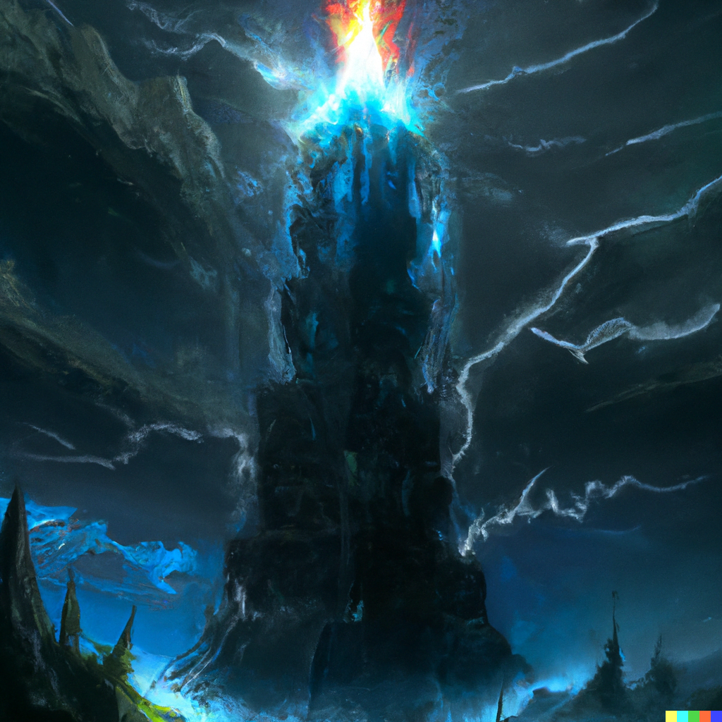 DALL·E 2022-07-14 21.36.56 – The image of the Tower card is powerful, depicting a solid tower being struck by lightning, and fire crawling out from the small windows at its top by