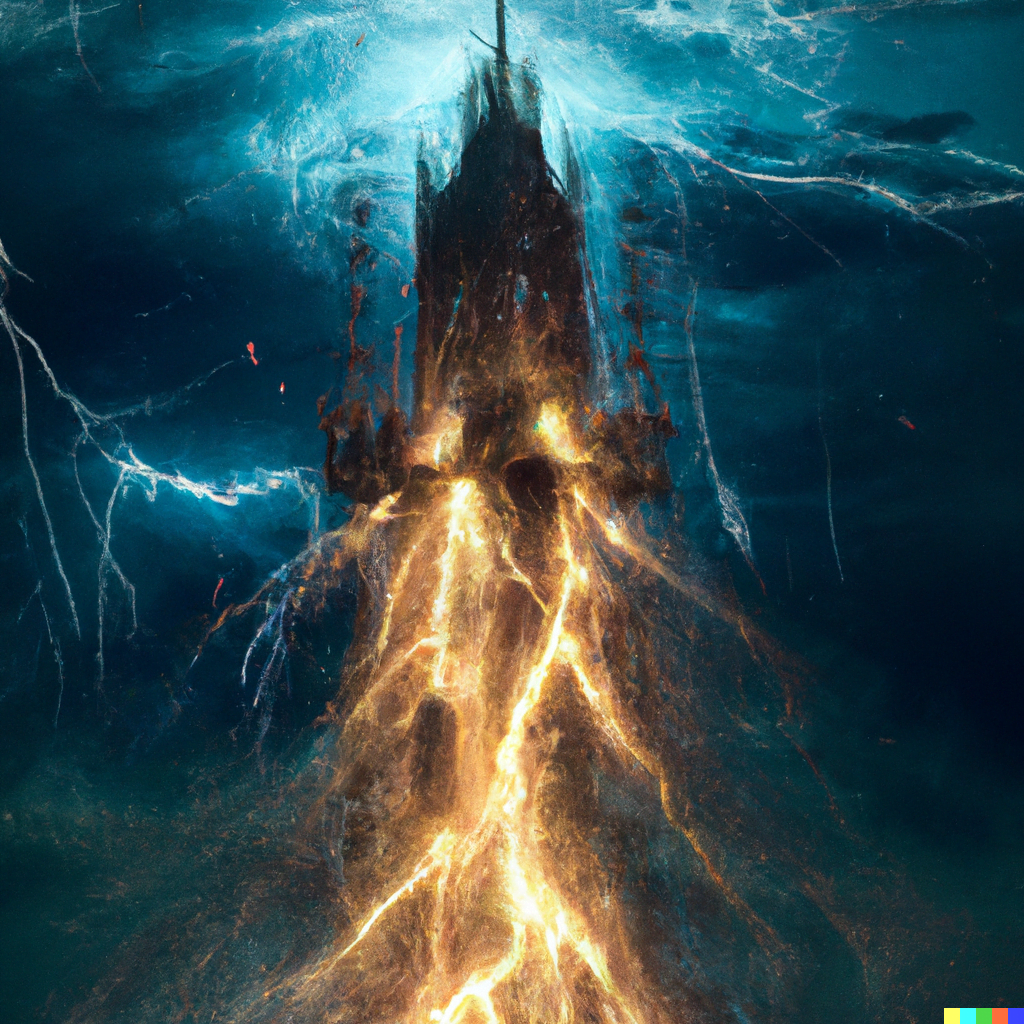 DALL·E 2022-07-14 21.36.59 – The image of the Tower card is powerful, depicting a solid tower being struck by lightning, and fire crawling out from the small windows at its top by