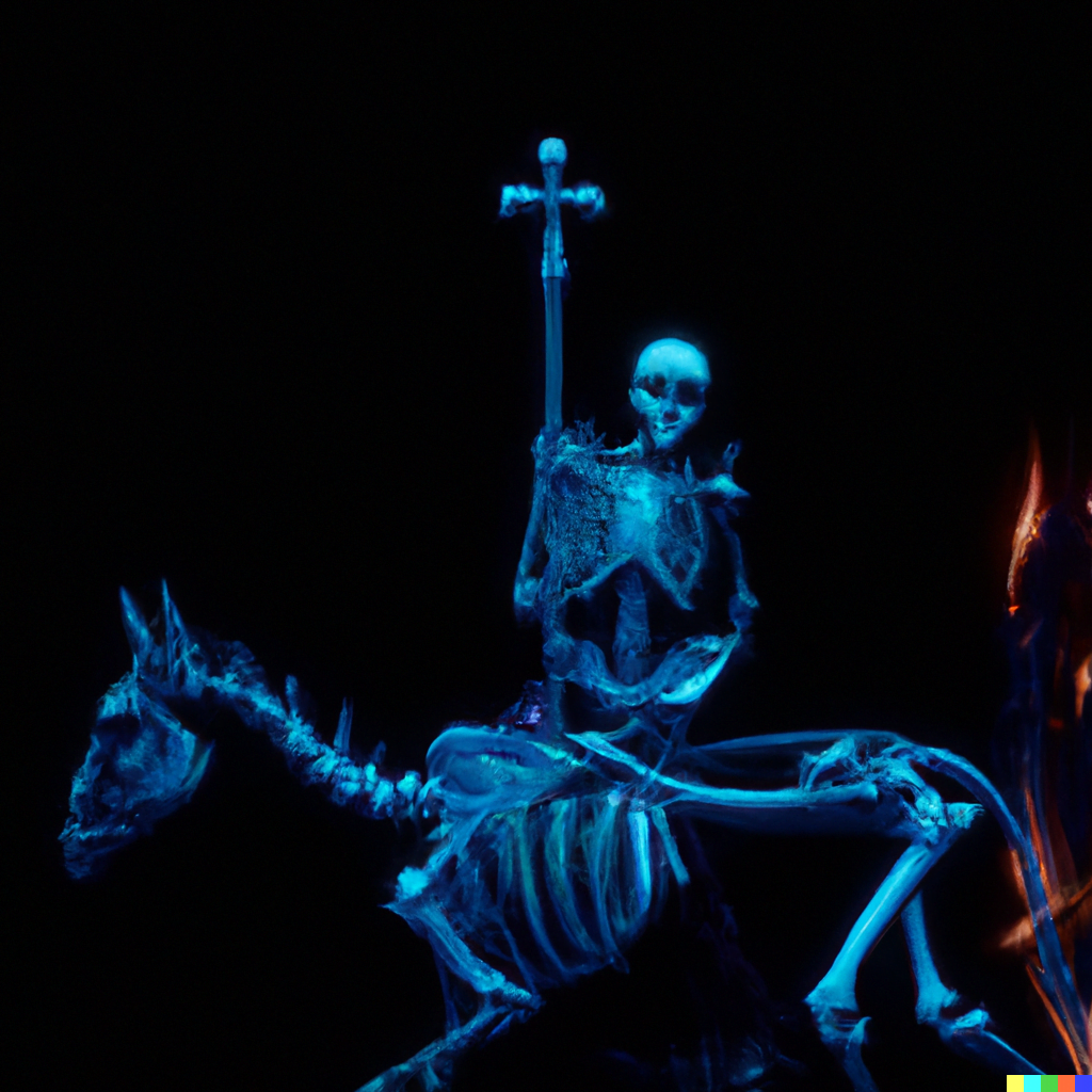 DALL·E 2022-07-14 21.39.21 – a skeleton, sometimes riding a horse but more often wielding a sickle. Surrounding it are undead kings, bishops and commoners and PAUL GUSTAVE DORÉ ne