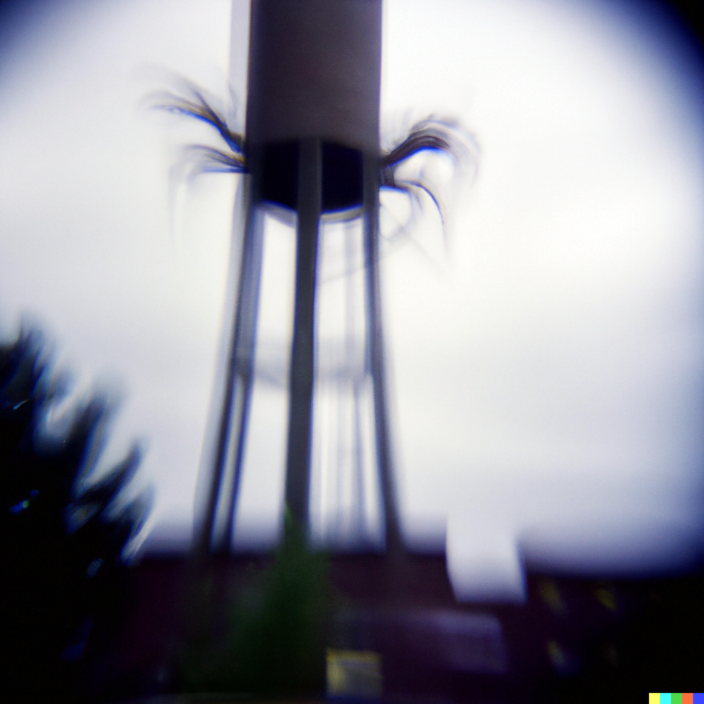 DALL·E 2022-07-14 21.49.23 – found footage of a water tower with tentacles for legs in the style of lovecraft and pinhole photography