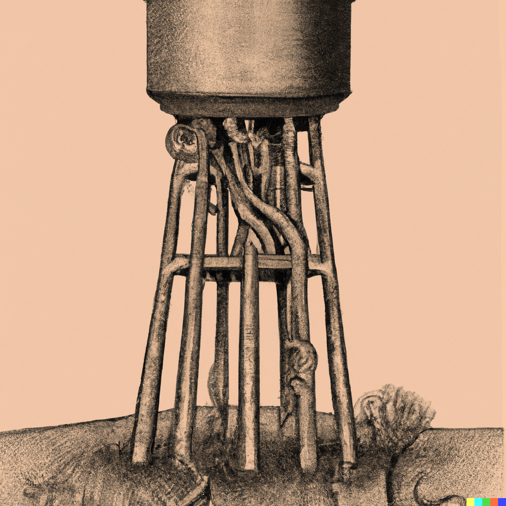 DALL·E 2022-07-14 21.50.09 – found footage of a water tower with tentacles for legs in the style of lovecraft paul gustave dore