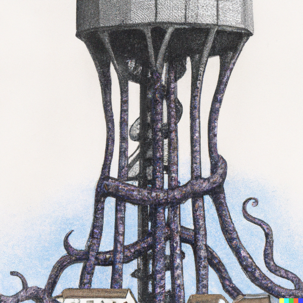 DALL·E 2022-07-14 21.50.24 – found footage of a water tower with tentacles for legs in the style of lovecraft paul gustave dore