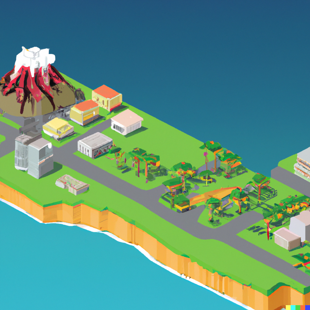 DALL·E 2022-07-14 21.56.56 – isometric concept art of a coastal medium sized city in a tropical climate with a volcano on the island