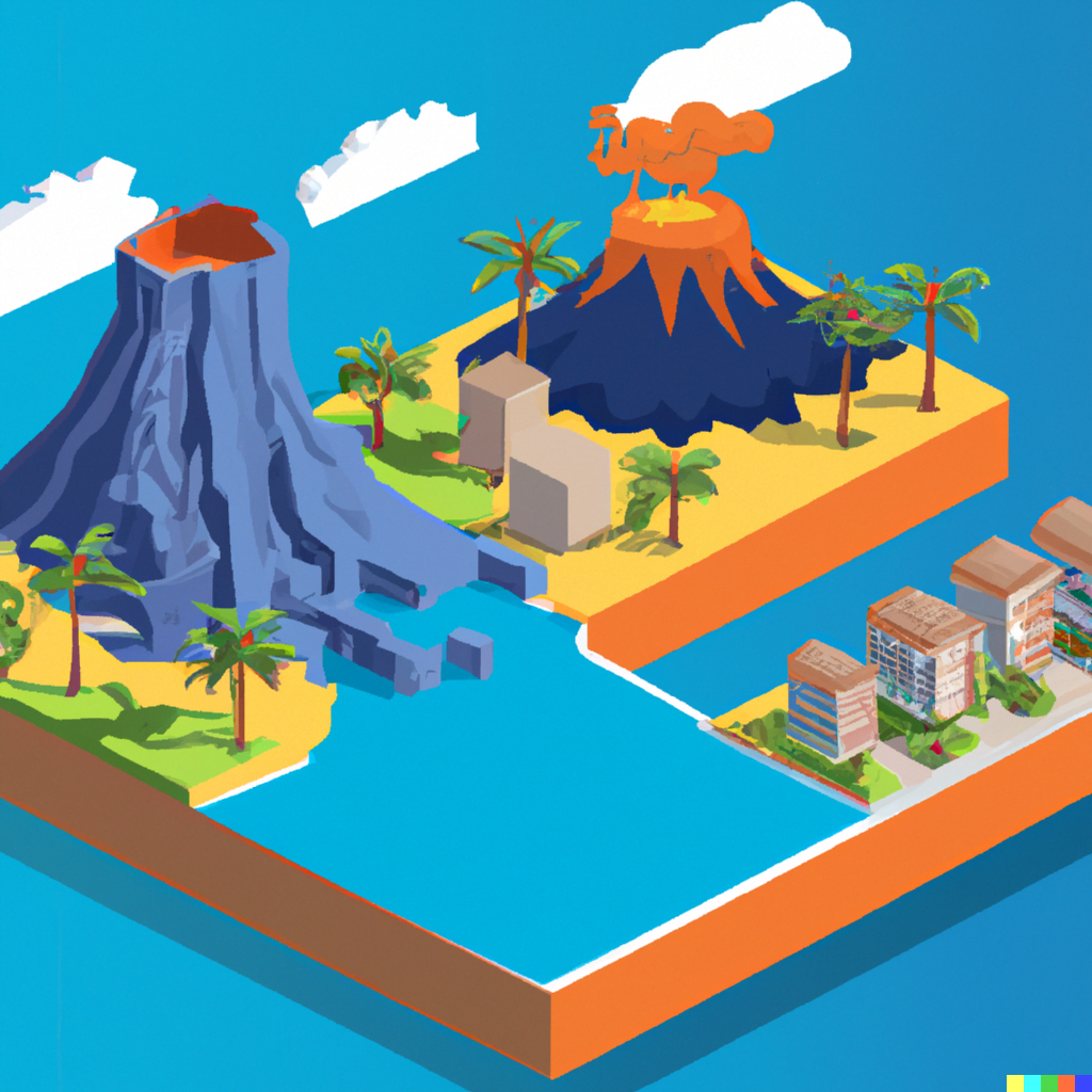 DALL·E 2022-07-14 21.57.03 – isometric concept art of a coastal medium sized city in a tropical climate with a volcano on the island