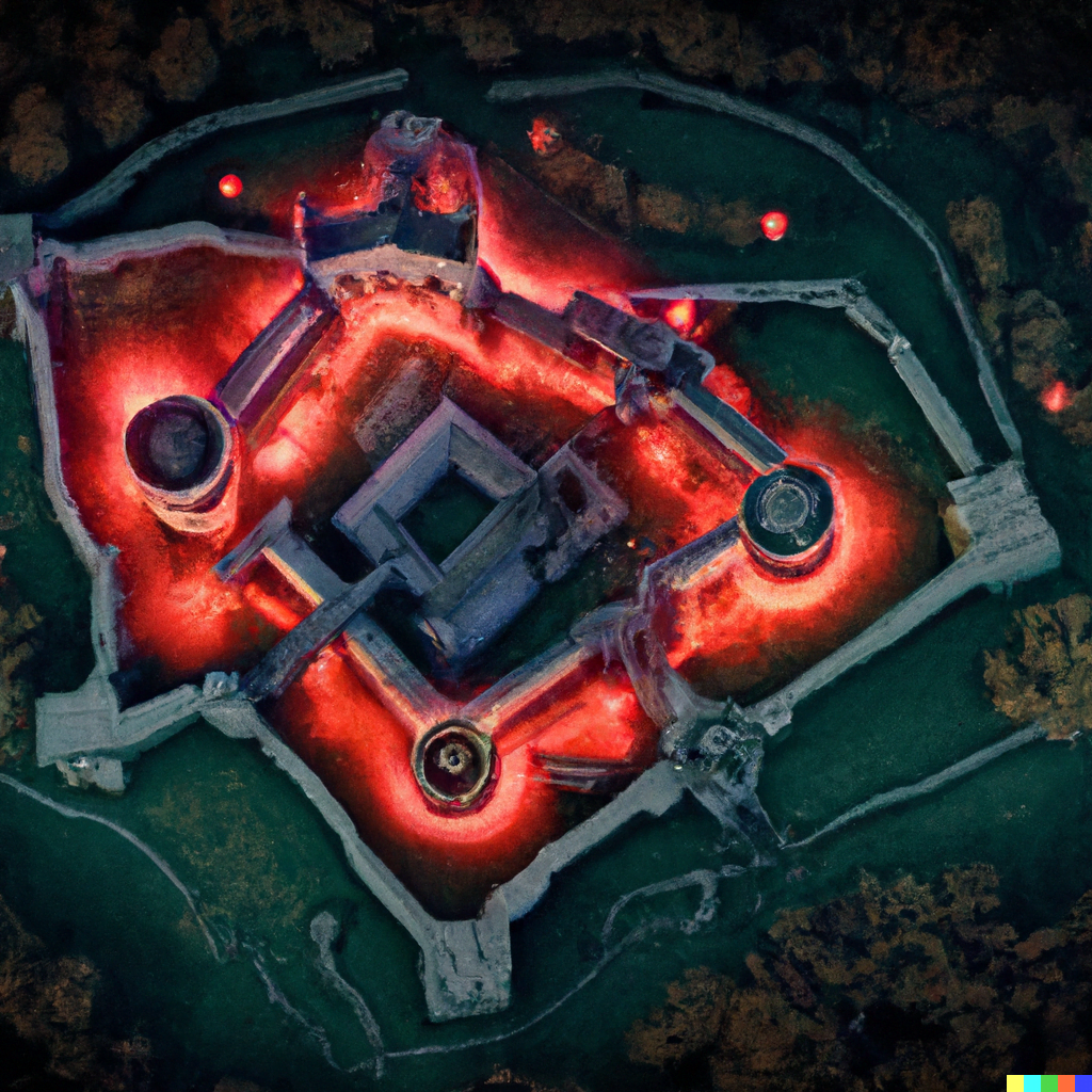DALL·E 2022-07-14 23.01.50 – satellite imagery of a magical medieval fortress at night