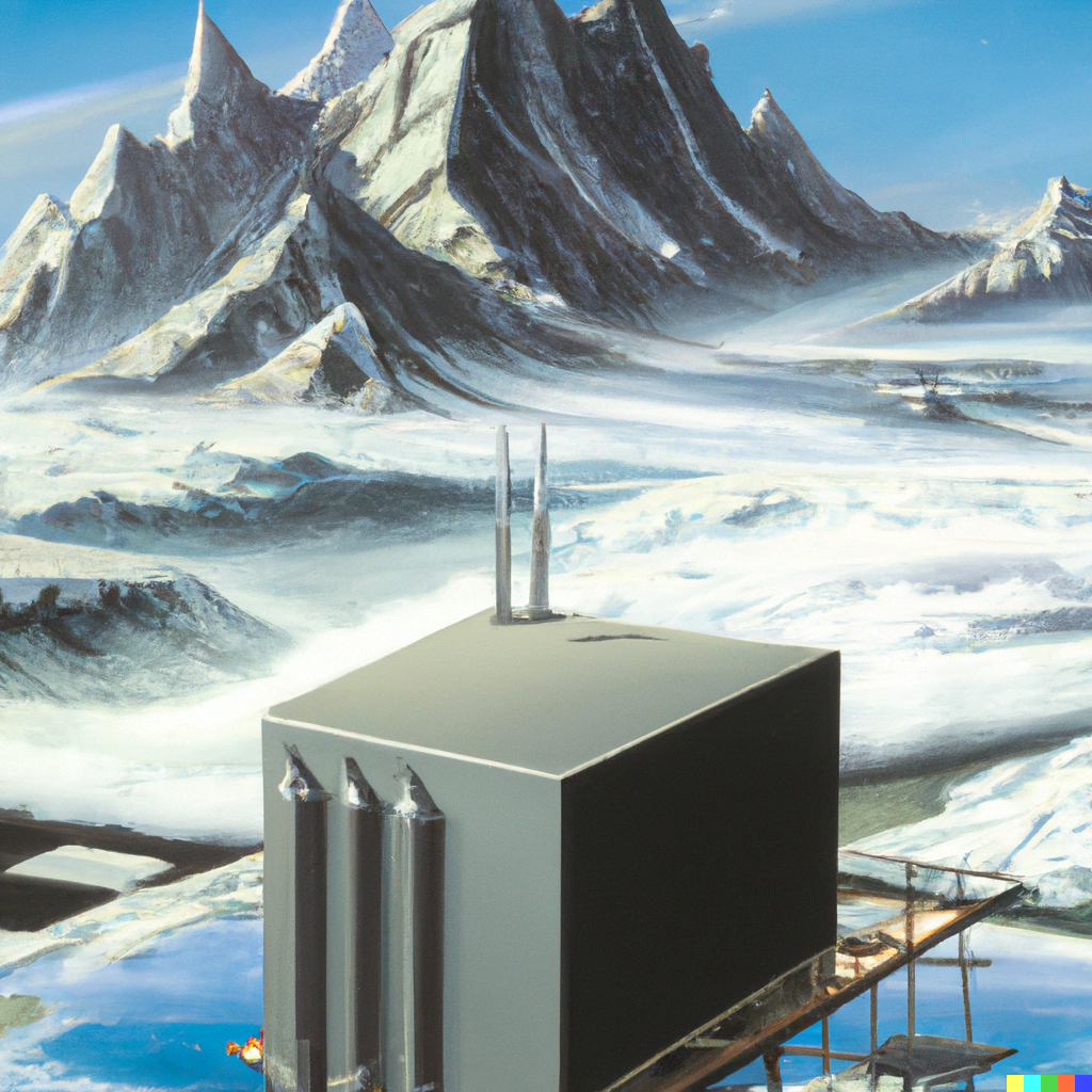 DALL·E 2022-07-15 01.19.53 – a center tower in a industrial flat plane surrounded by mountains by Ted Nasmith