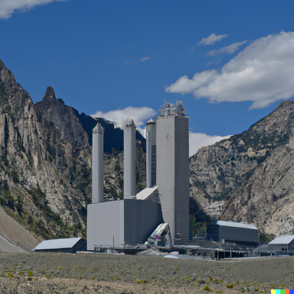 DALL·E 2022-07-15 01.20.06 – a center tower in a industrial flat plane surrounded by mountains by Ted Nasmith