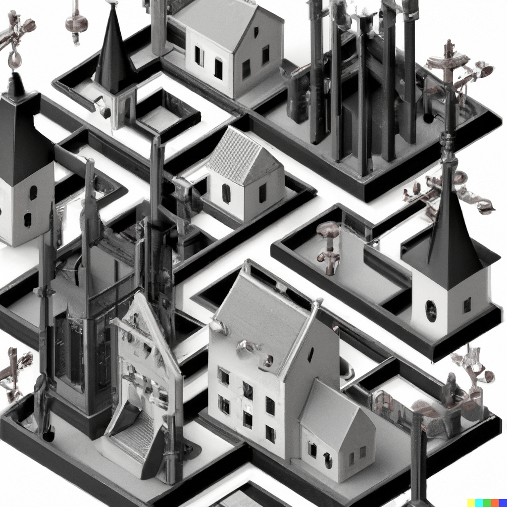 DALL·E 2022-07-15 18.25.43 – gothic isometric town by m.c. escher