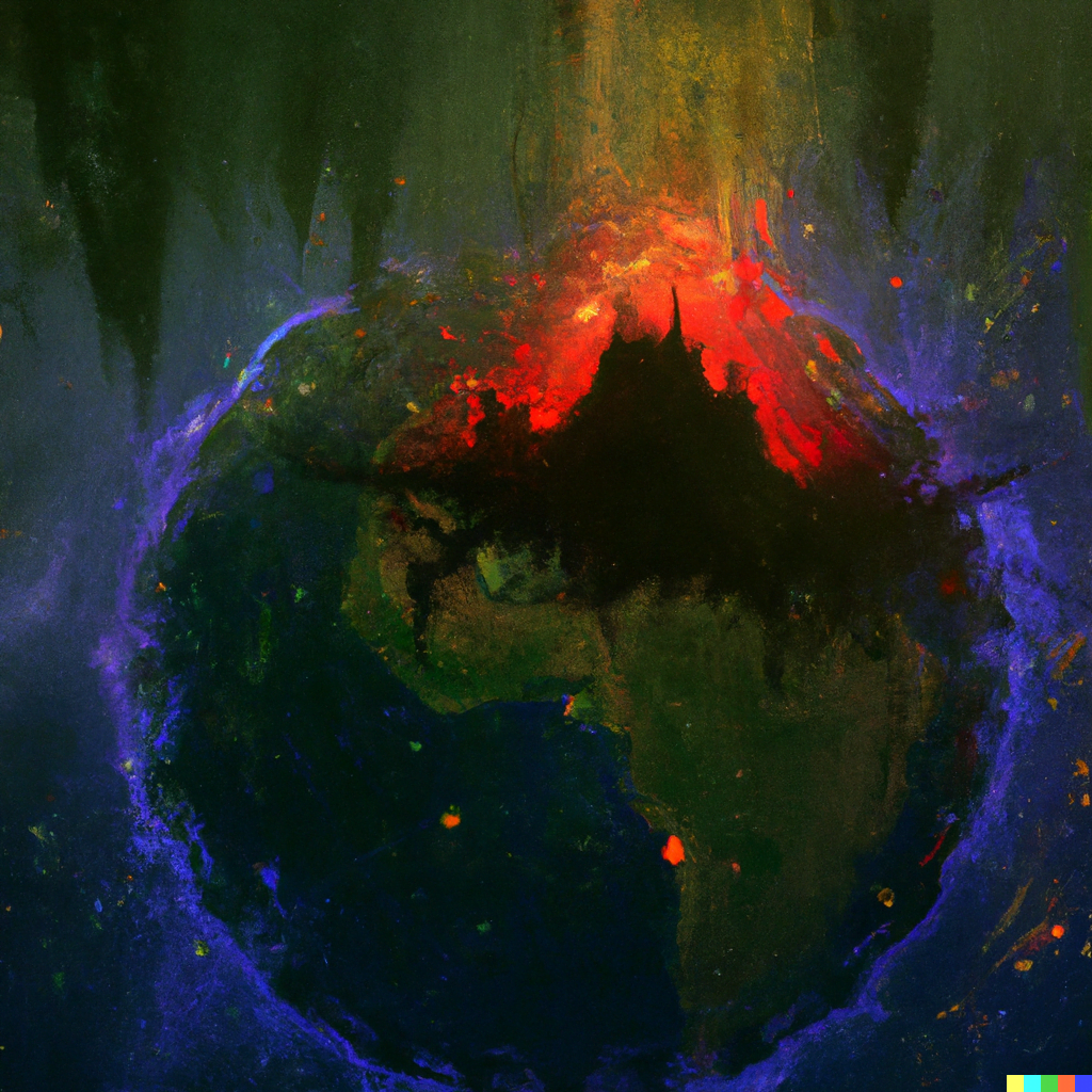 DALL·E 2022-07-15 22.17.03 – the world exploding as seen from space in The Style Of Zdzisław Beksiński, Digital Art pixel art