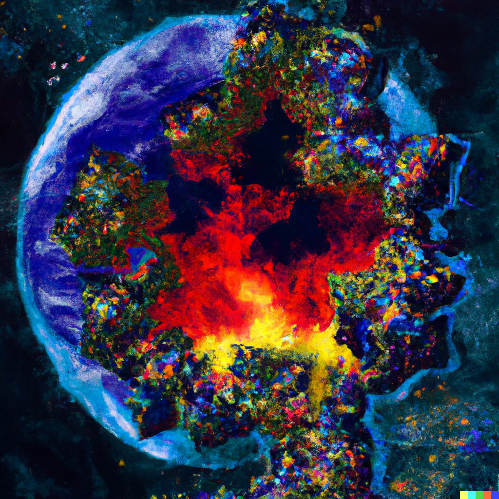 DALL·E 2022-07-15 22.17.09 – the world exploding as seen from space in The Style Of Zdzisław Beksiński, Digital Art pixel art