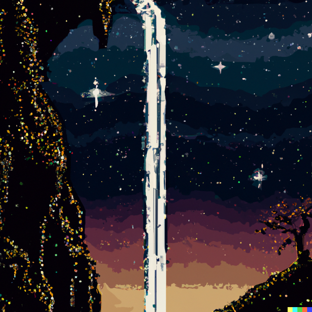 DALL·E 2022-07-15 22.21.54 – detailed magical waterfall with a view of the stars in The Style Of Zdzisław Beksiński, pixel art