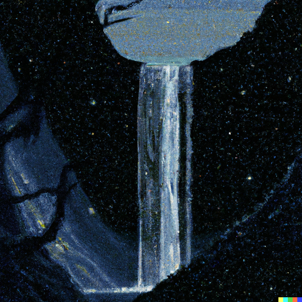 DALL·E 2022-07-15 22.22.00 – detailed magical waterfall with a view of the stars in The Style Of Zdzisław Beksiński, pixel art
