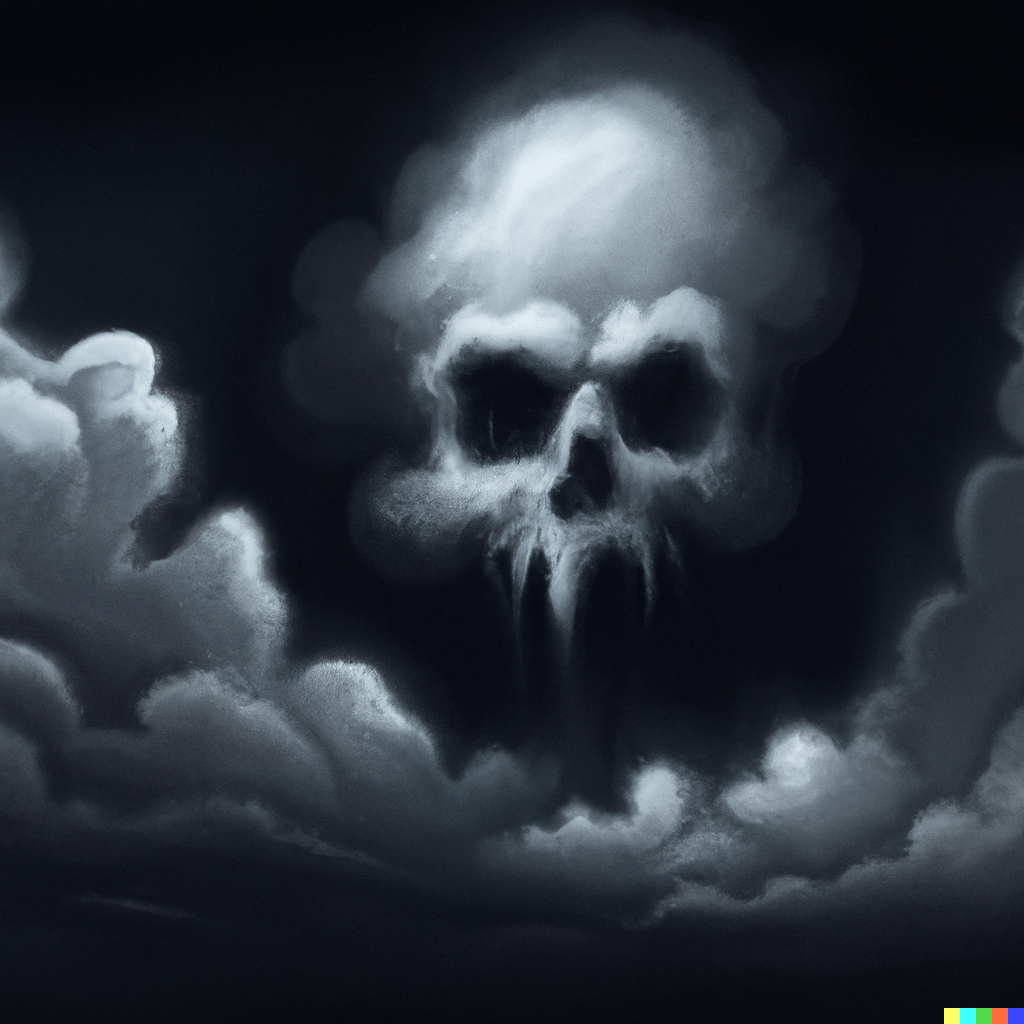 DALL·E 2022-07-15 22.58.47 – a skull shape formed in the clouds of a momentous thunderstorm in The Style Of Zdzisław Beksiński, Digital Art