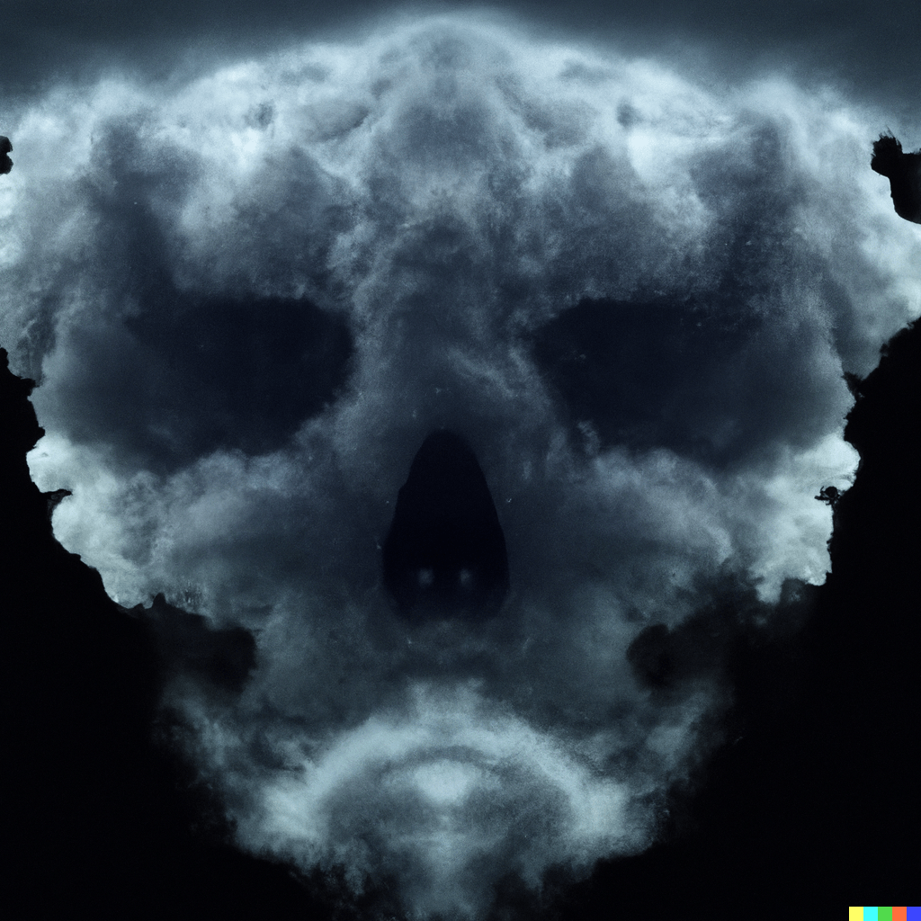 DALL·E 2022-07-15 23.00.30 – a skull shape formed in the clouds of a momentous thunderstorm 8K Ultra Hd, Artstation, Extremely Detailed, Reveal Lighting
