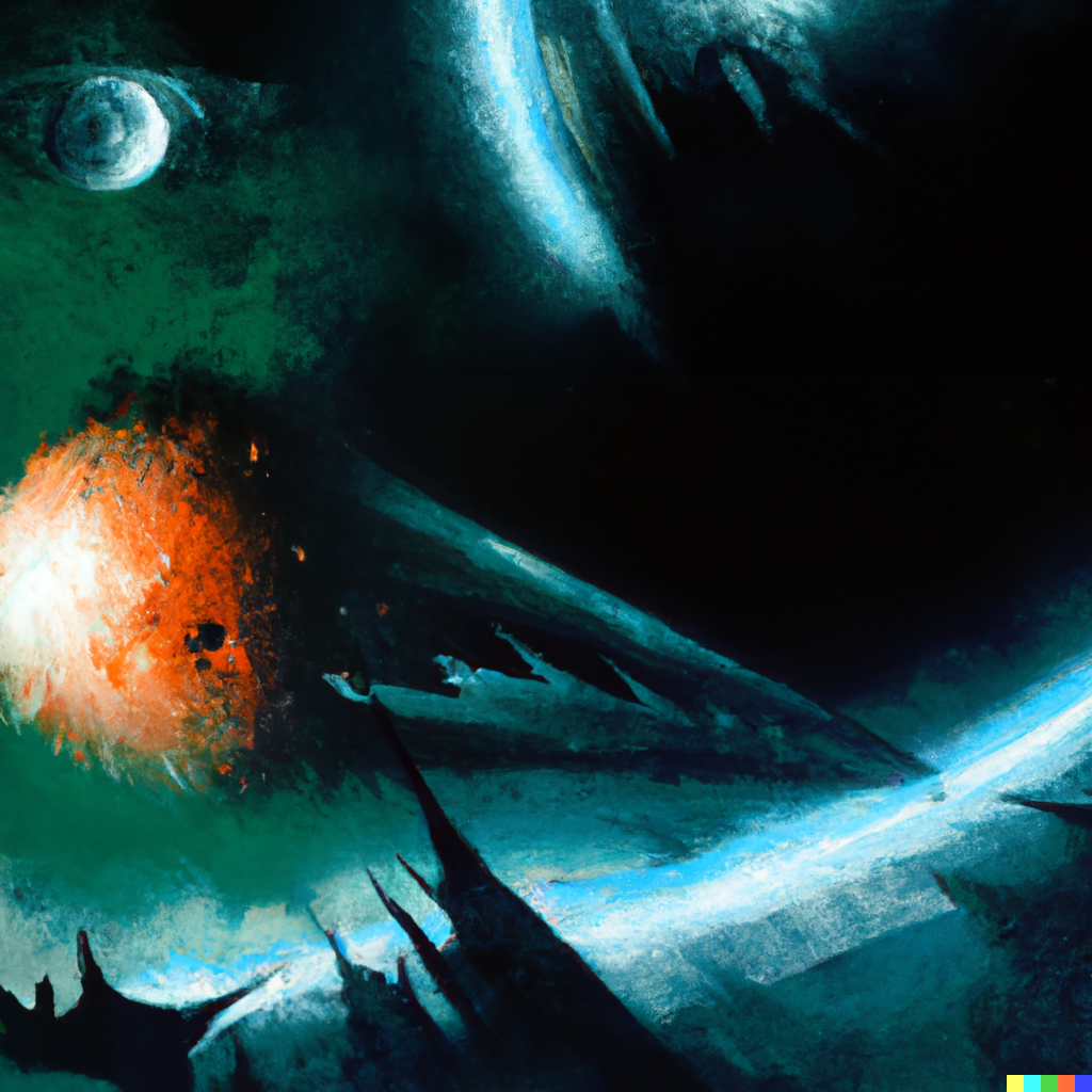DALL·E 2022-07-16 00.32.10 – a planet exploding as scene from space Zdzisław Beksiński, Digital Art