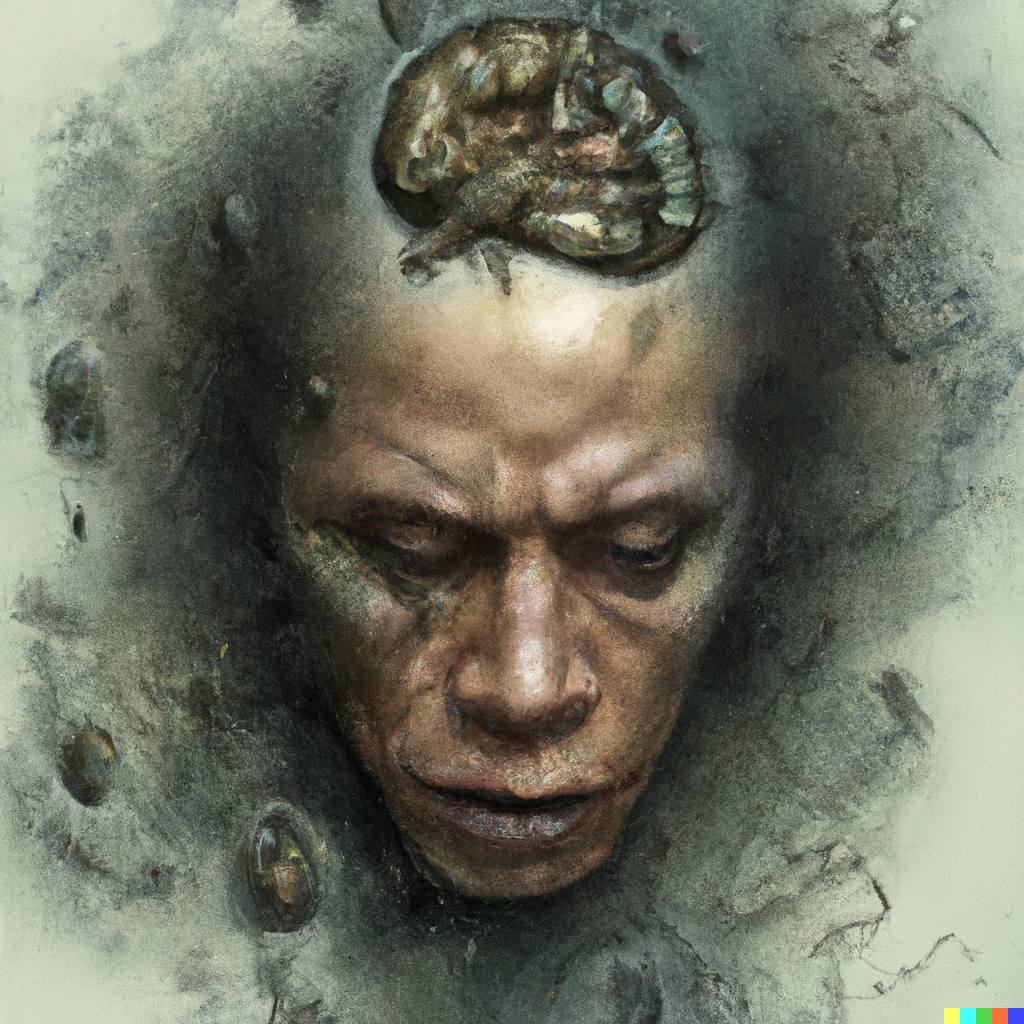 DALL·E 2022-07-16 01.04.24 – a man with a lovecraftian brain melting out of head by Zdzisław Beksiński