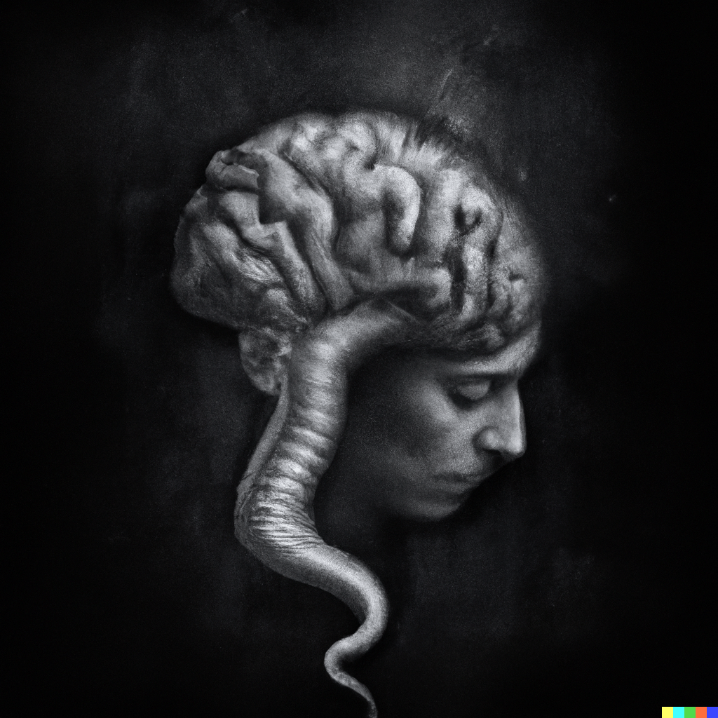 DALL·E 2022-07-16 01.04.50 – a man with a lovecraftian brain melting out of head by Zdzisław Beksiński
