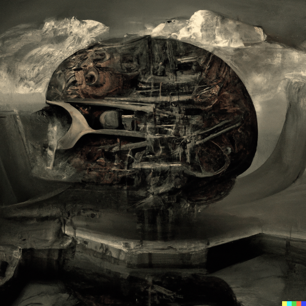 DALL·E 2022-07-16 01.26.15 – in the vast universe there exists a gigantic mechanical magical brain called Boltzmann brain by Zdzisław Beksiński detailed digital illustration Cry