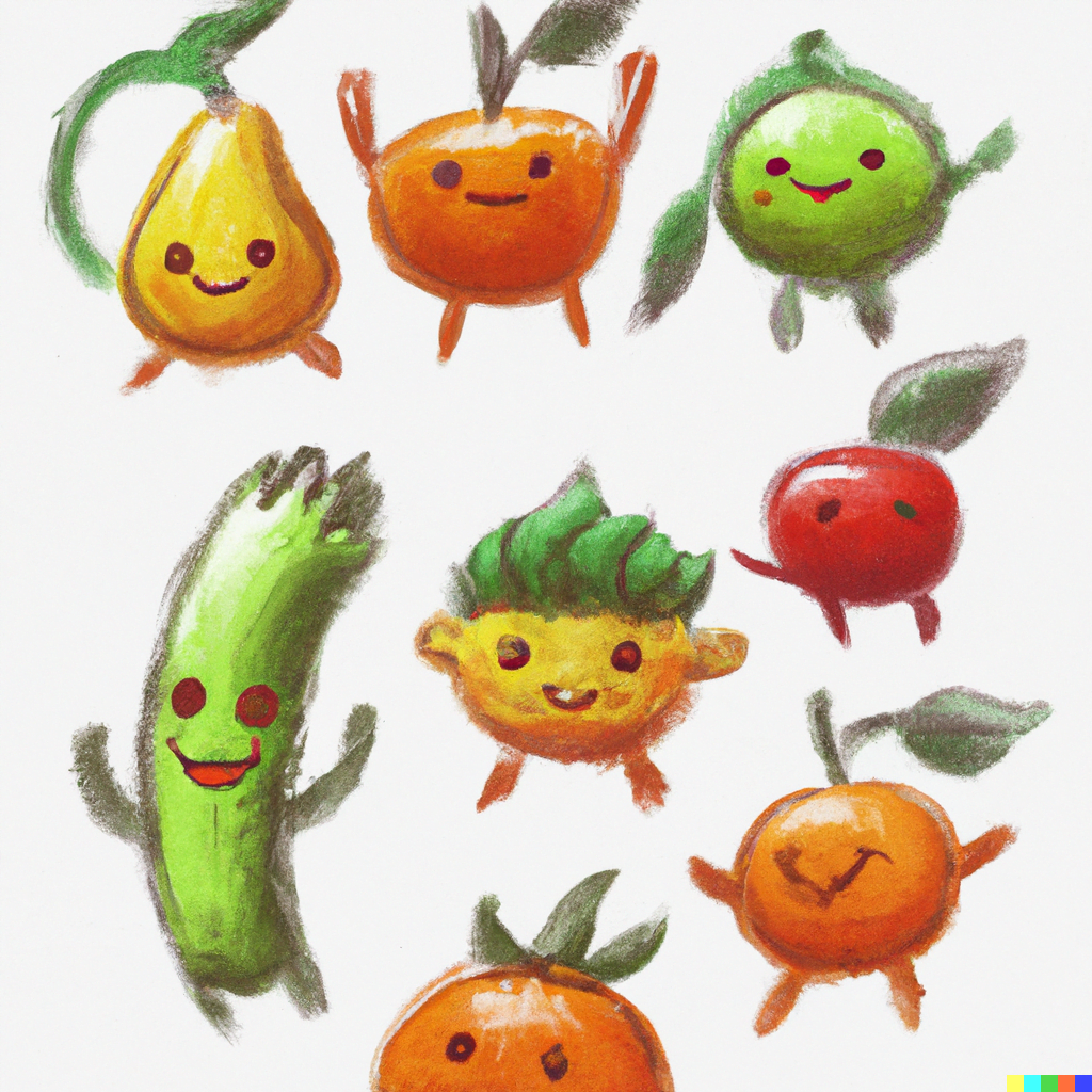 DALL·E 2022-07-16 10.27.52 – cute digital sketches of fruits in vegetable characters like a studio ghibli film chibi