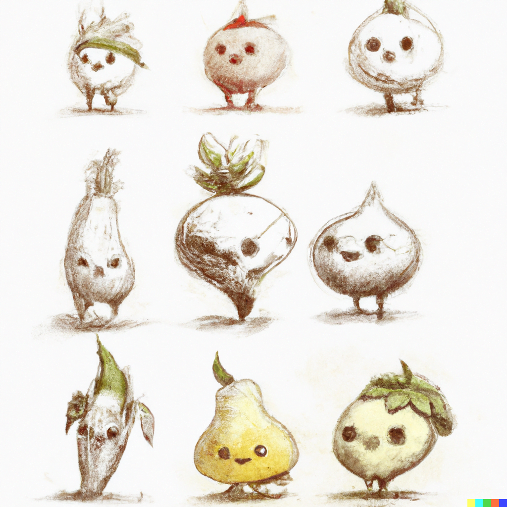 DALL·E 2022-07-16 10.28.06 – cute digital sketches of fruits in vegetable characters like a studio ghibli film chibi