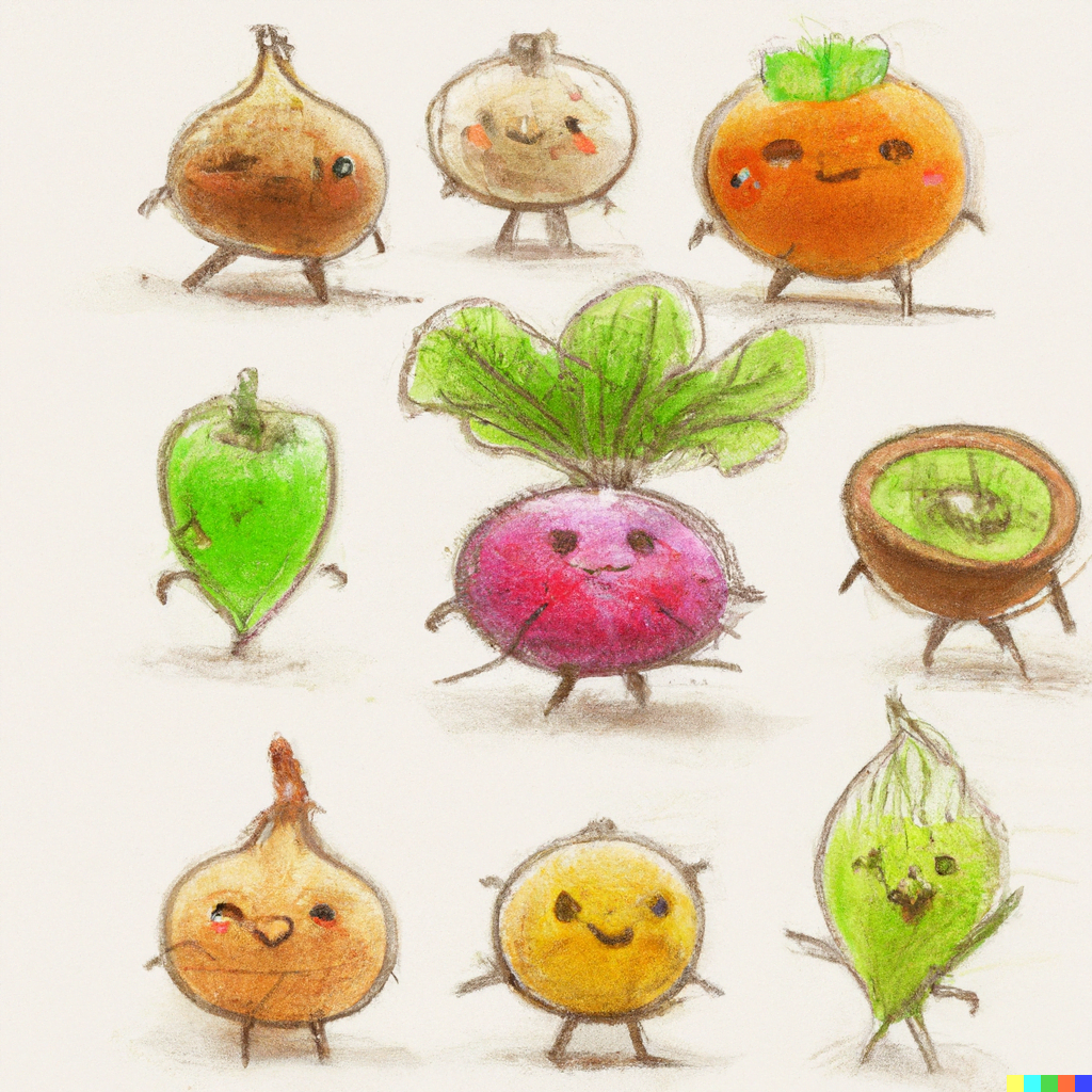 DALL·E 2022-07-16 10.28.12 – cute digital sketches of fruits in vegetable characters like a studio ghibli film chibi