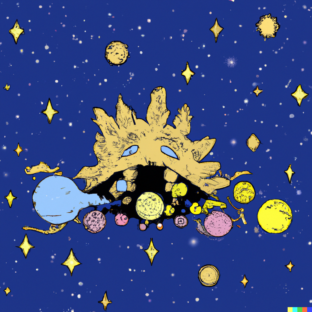 DALL·E 2022-07-16 23.24.48 – a galactic being made of stars eating planets in the style ghibli Miyazaki Hayao