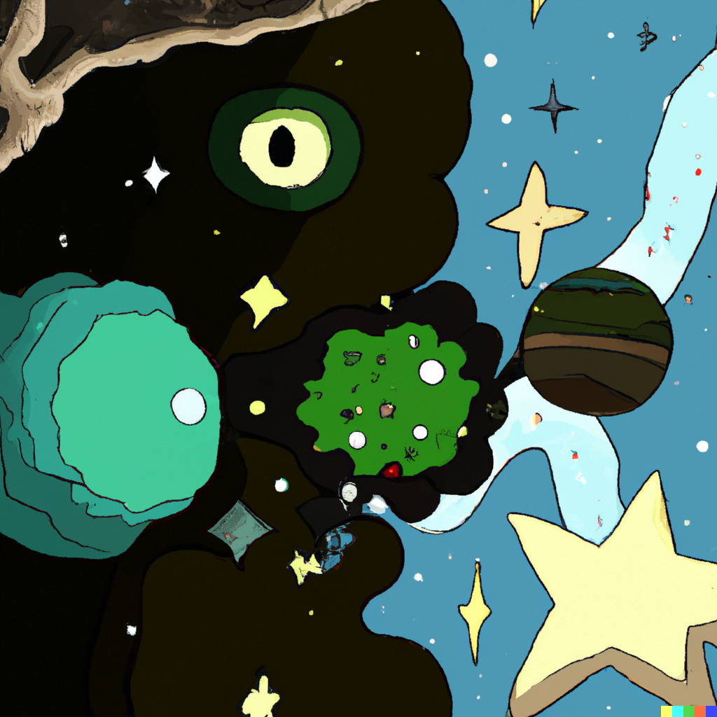 DALL·E 2022-07-16 23.24.59 – a galactic being made of stars eating planets in the style ghibli Miyazaki Hayao