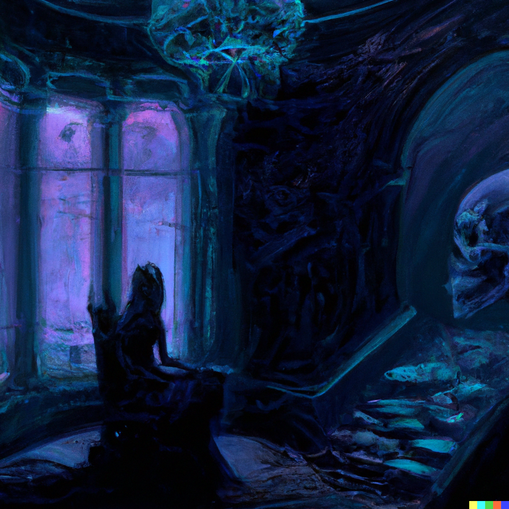 DALL·E 2022-07-16 23.44.29 – The Emperor sits in a room adorned with skulls empowered by the stone halls and dark ambiance with moonlight trickling through a stained glass window