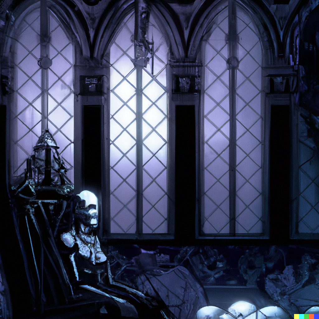 DALL·E 2022-07-16 23.44.42 – The Emperor sits in a room adorned with skulls empowered by the stone halls and dark ambiance with moonlight trickling through a stained glass window