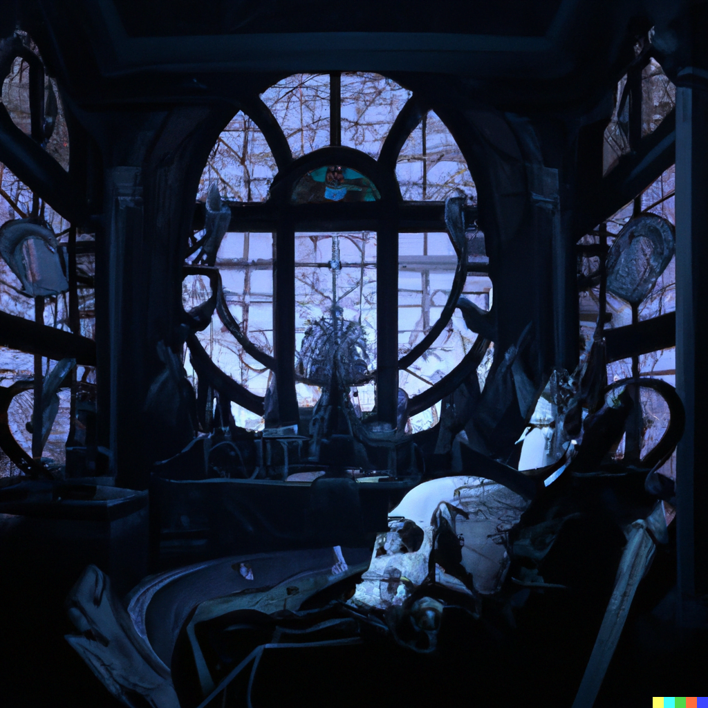 DALL·E 2022-07-16 23.44.49 – The Emperor sits in a room adorned with skulls empowered by the stone halls and dark ambiance with moonlight trickling through a stained glass window