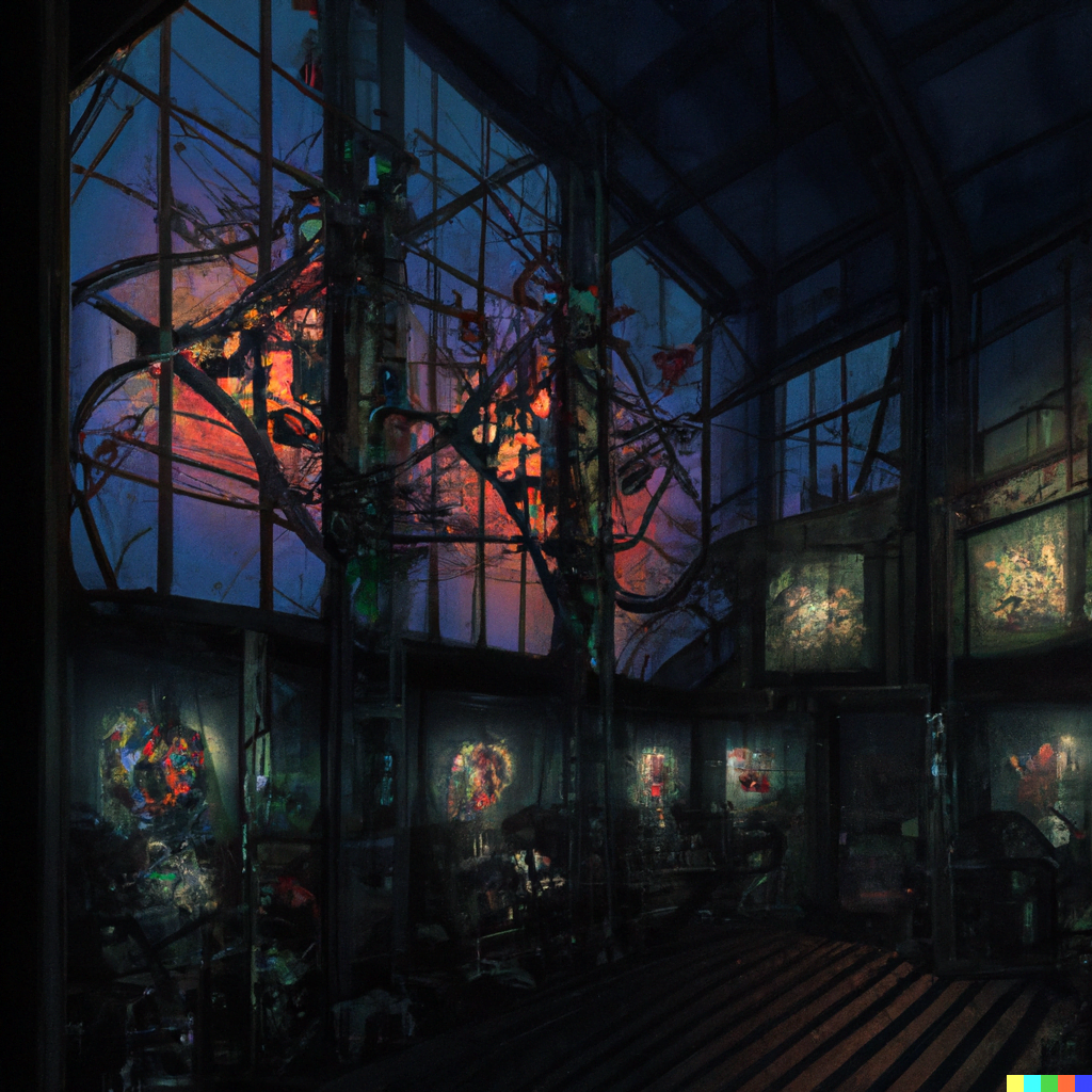 DALL·E 2022-07-16 23.45.52 – a well lit room with stained glass windows filled with cyberpunk machinery by Zdzisław Beksiński and PAUL GUSTAVE DORÉ neon glow