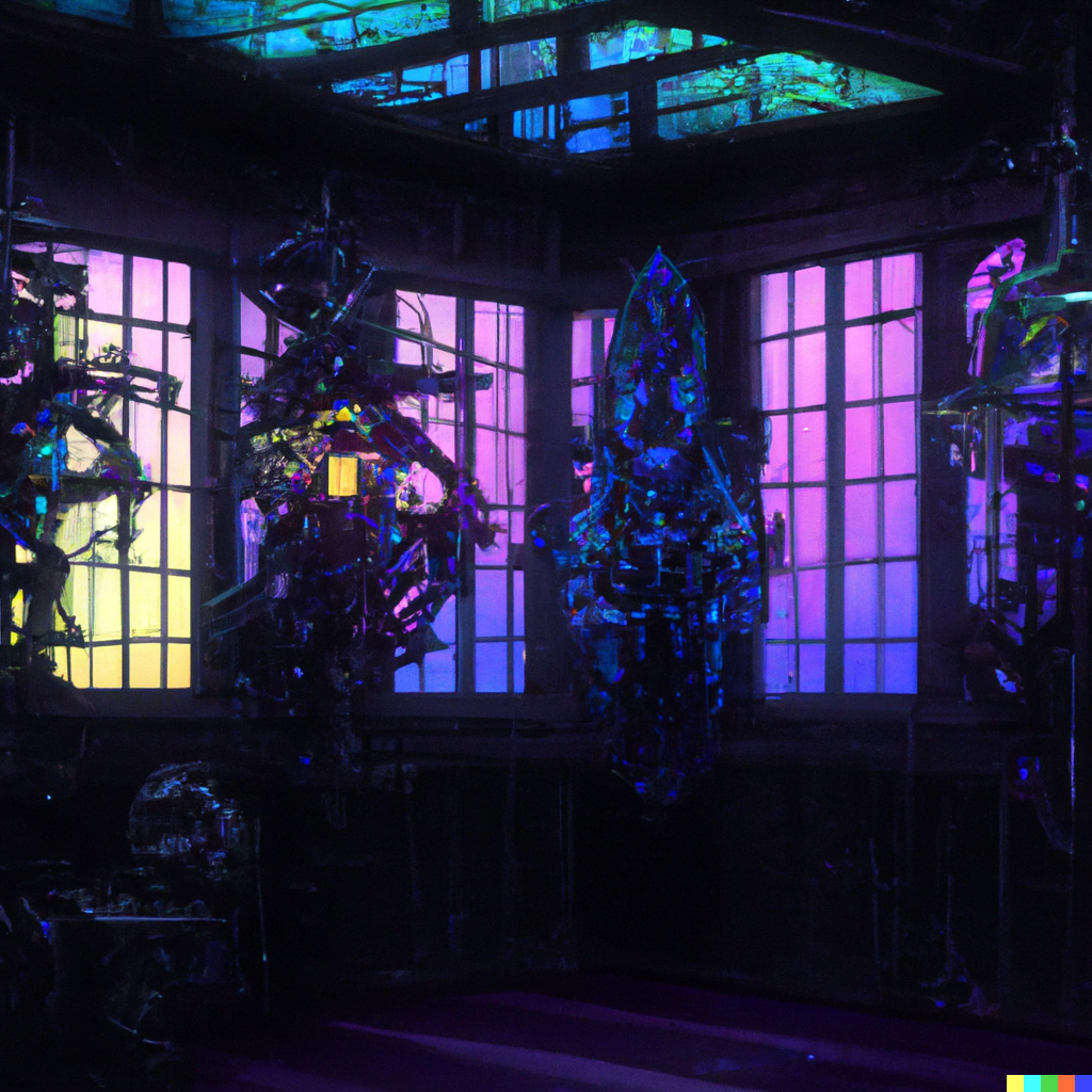 DALL·E 2022-07-16 23.45.58 – a well lit room with stained glass windows filled with cyberpunk machinery by Zdzisław Beksiński and PAUL GUSTAVE DORÉ neon glow